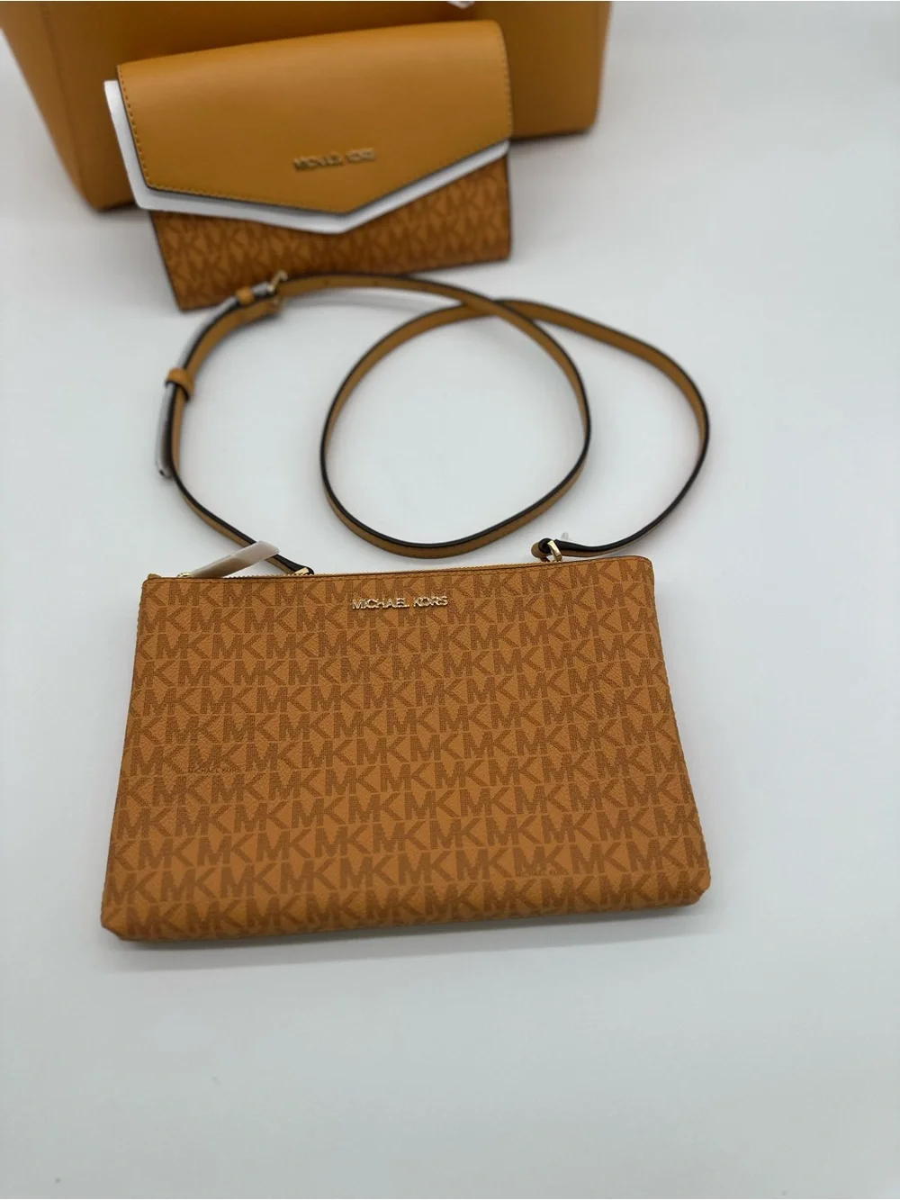 Michael Kors Mustard Tan Saffiano Leather Tote with Matching Wallet Trio
